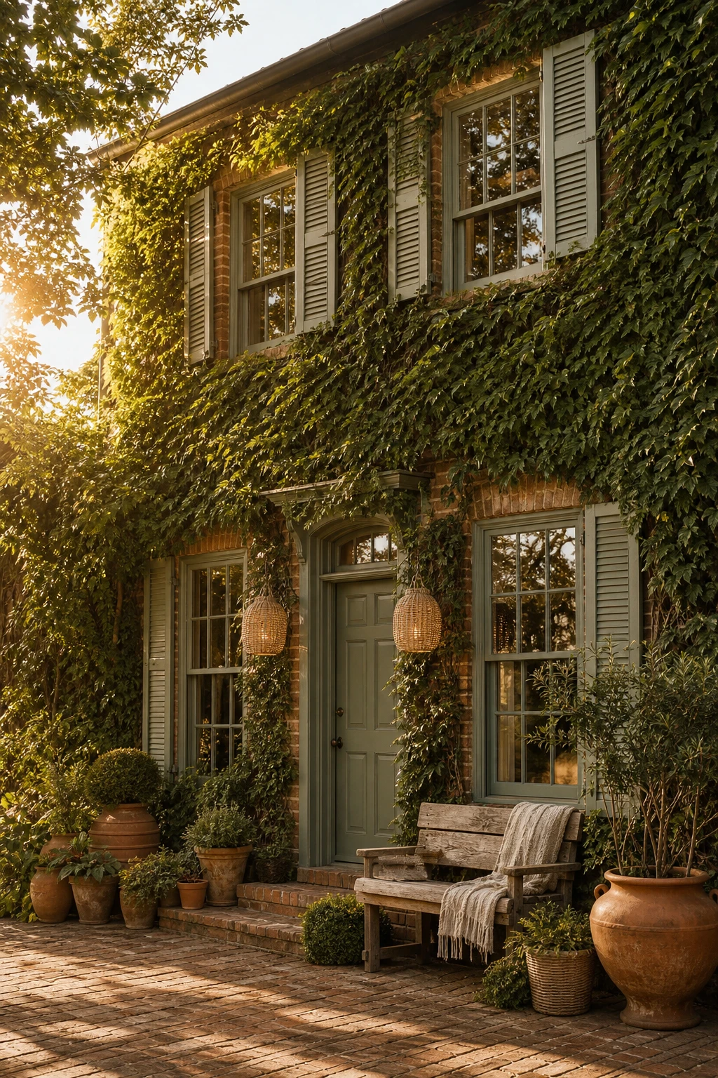 Boho brick house exterior covered in climbing ivy with sage green shutters painted Farrow & Ball Lichen, terracotta pots and rattan lanterns at golden hour