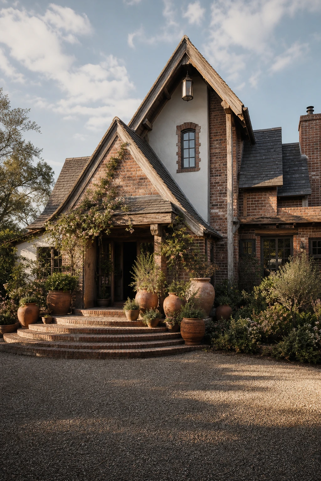 Boho brick house exterior featuring an asymmetrical roofline as the hero, with mismatched gable heights, terracotta planters and wild climbing plants under warm afternoon light