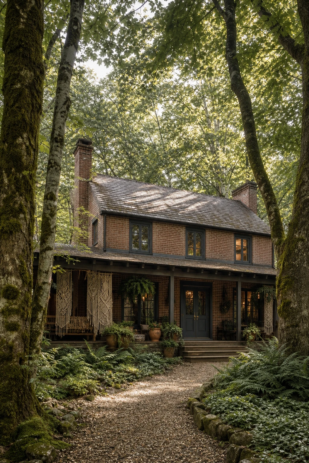 Boho brick house exterior nestled in a dense forest woodland setting with dappled light filtering through tall trees onto Farrow & Ball Moles Breath painted trim
