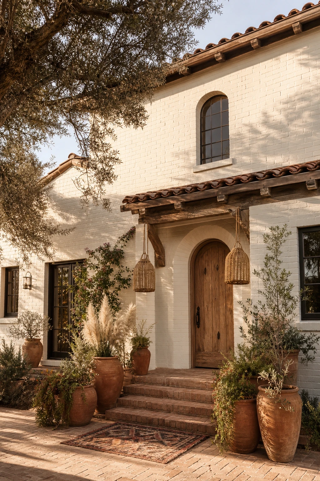Boho brick house exterior painted in Farrow and Ball Old White with solid painted finish, terracotta pots, woven rope details, and lush greenery in warm afternoon light