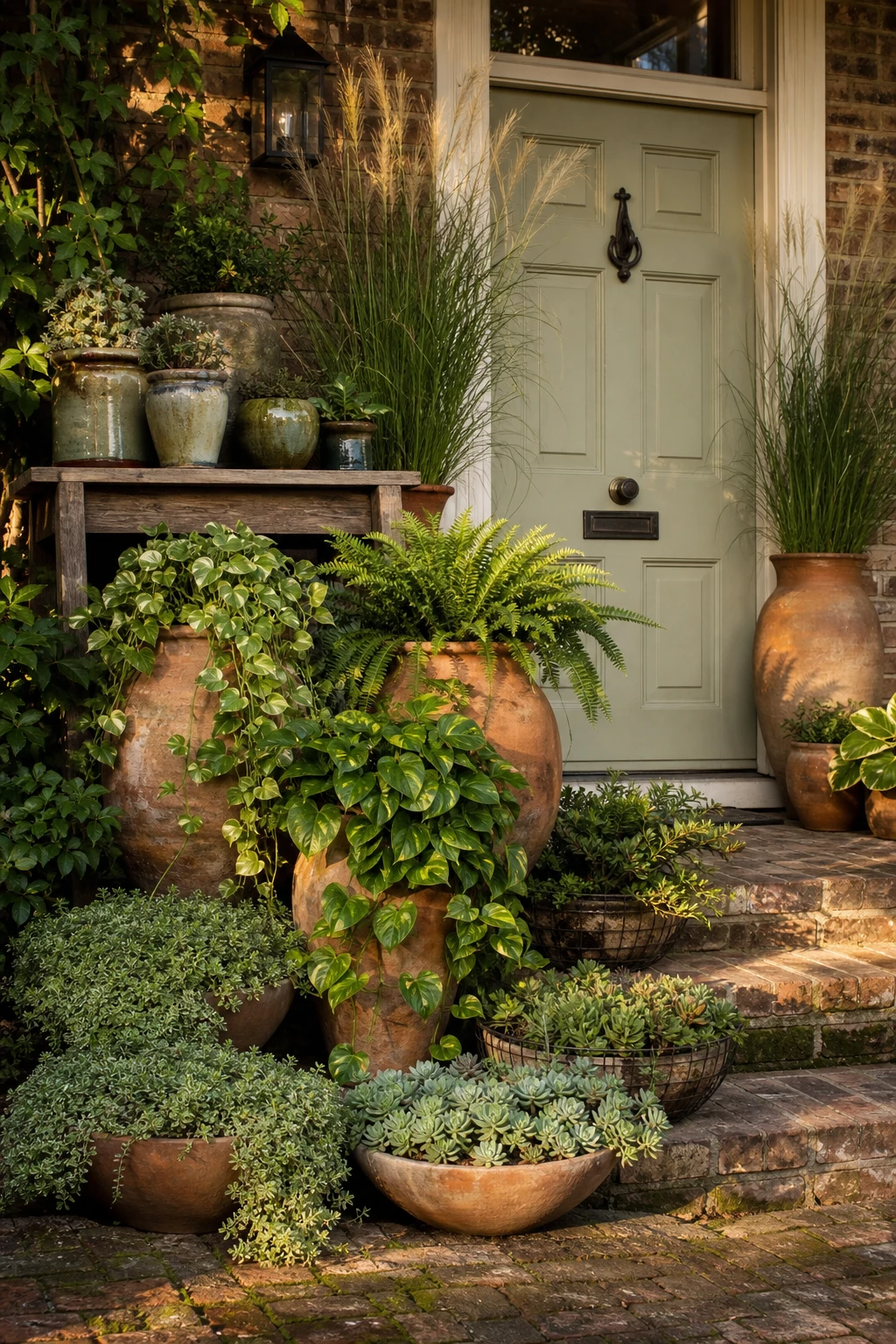 Boho brick house exterior porch with layered planting display at varying heights, terracotta pots, trailing vines, and Farrow & Ball Vichyssoise painted front door