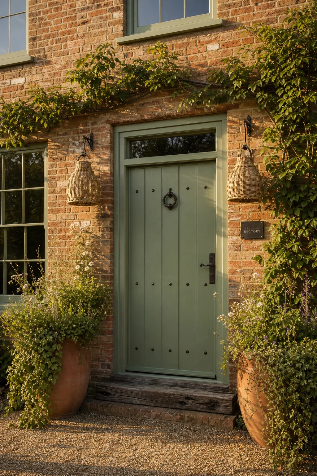 Boho brick house exterior with a sage green front door painted Farrow & Ball Mizzle, framed by terracotta pots, woven rattan lanterns, and climbing vines