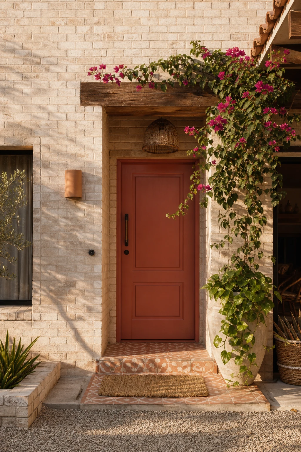 Boho brick house exterior with a saturated terracotta painted front door against pale honey brick, flanked by trailing greenery and rattan accents in warm afternoon light