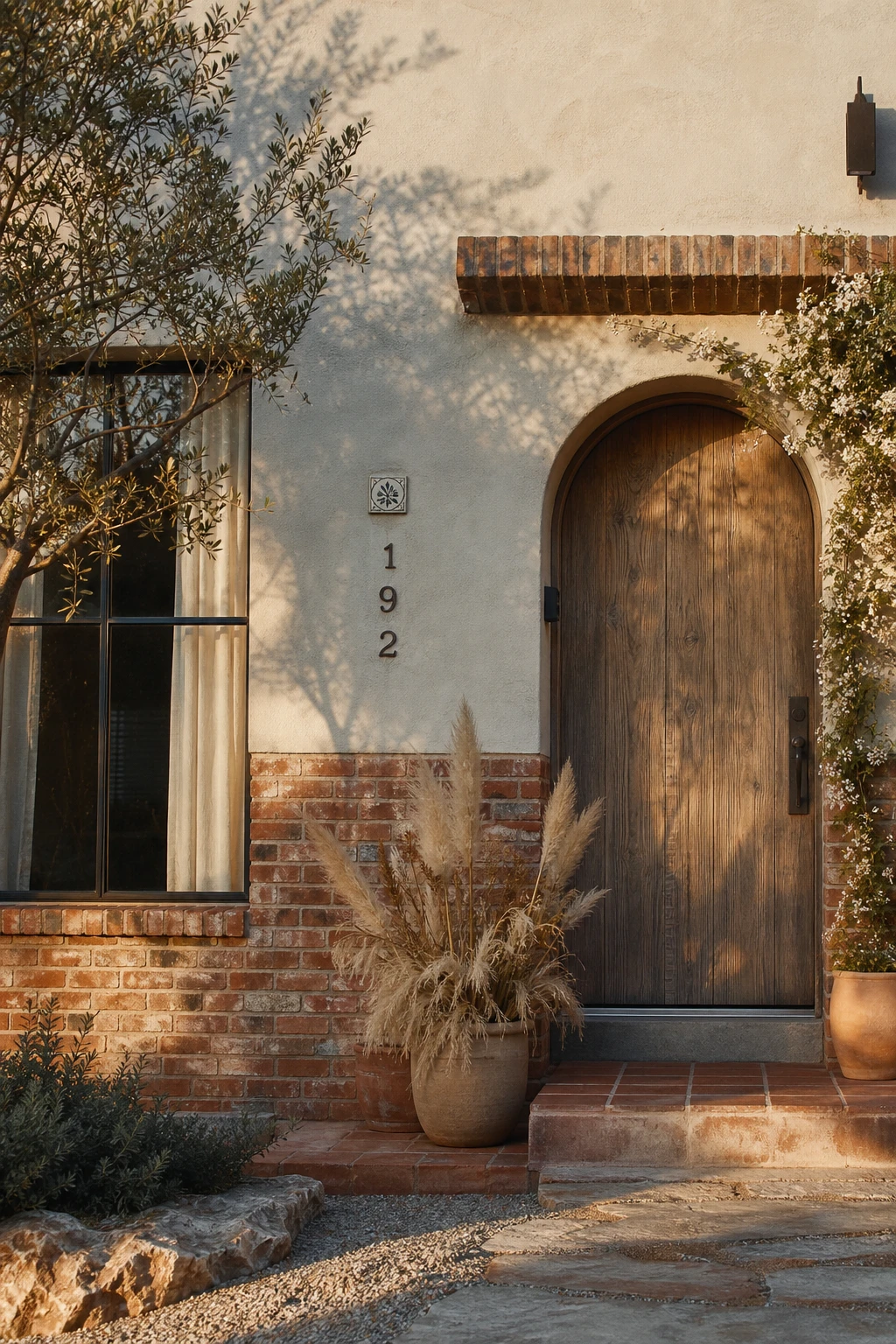 Boho brick house exterior with a two tone color split using warm neutral upper facade and contrasting lower brick, afternoon light, layered textural planting