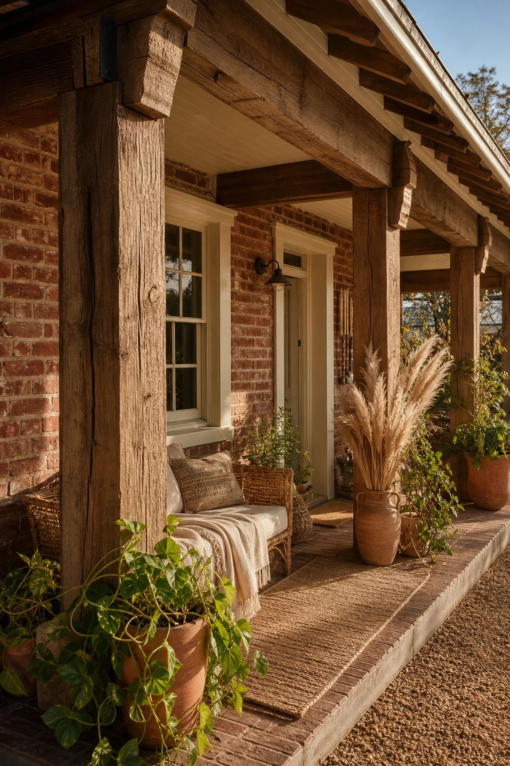 Boho brick house exterior with a warm timber porch detail, rough sawn wood beams, rattan seating, trailing plants and Farrow & Ball Tallow painted trim in afternoon light.