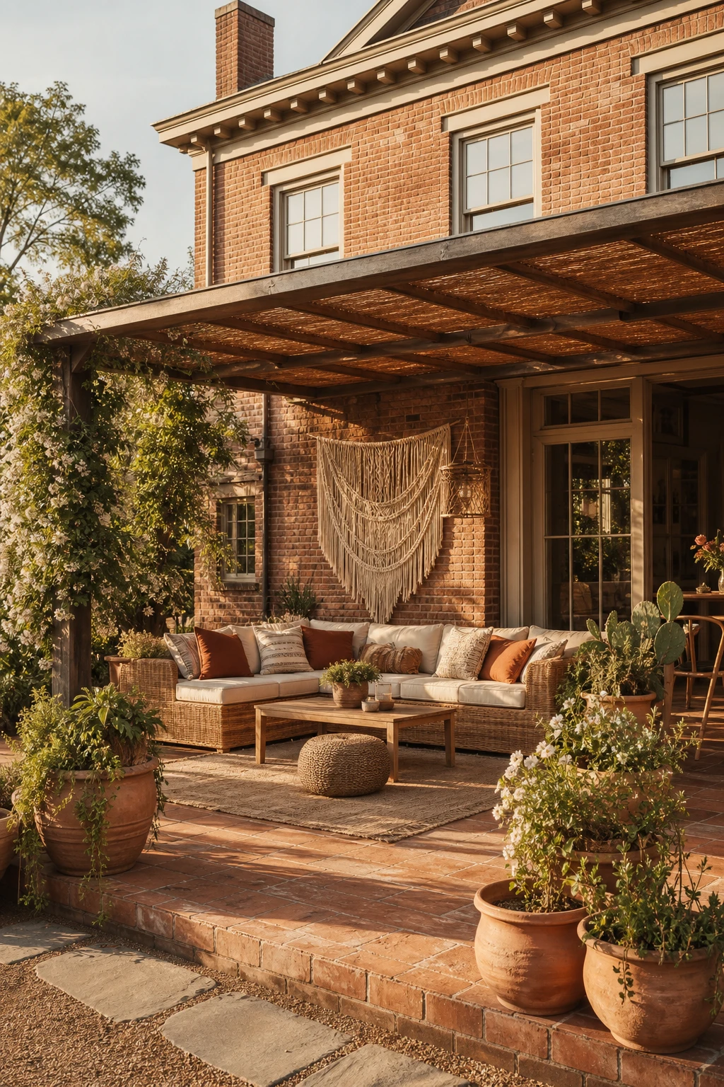Boho brick house exterior with an outdoor patio extension featuring woven furniture, layered textiles, terracotta pots and warm neutral painted trim in afternoon light