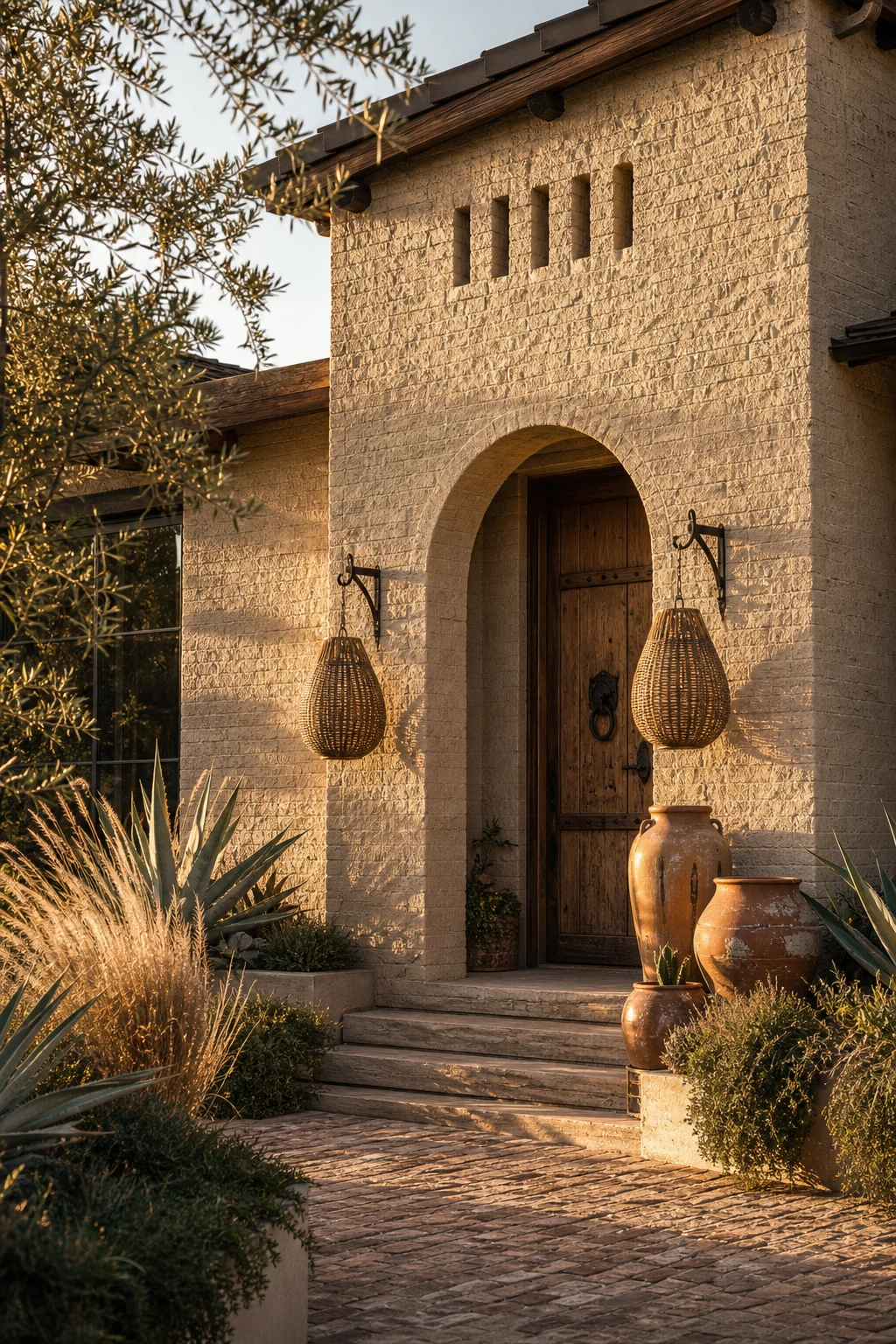 Boho brick house exterior with bagged render texture as the hero, warm Skimming Stone painted facade, rattan pendants, terracotta pots and wild grasses in afternoon light