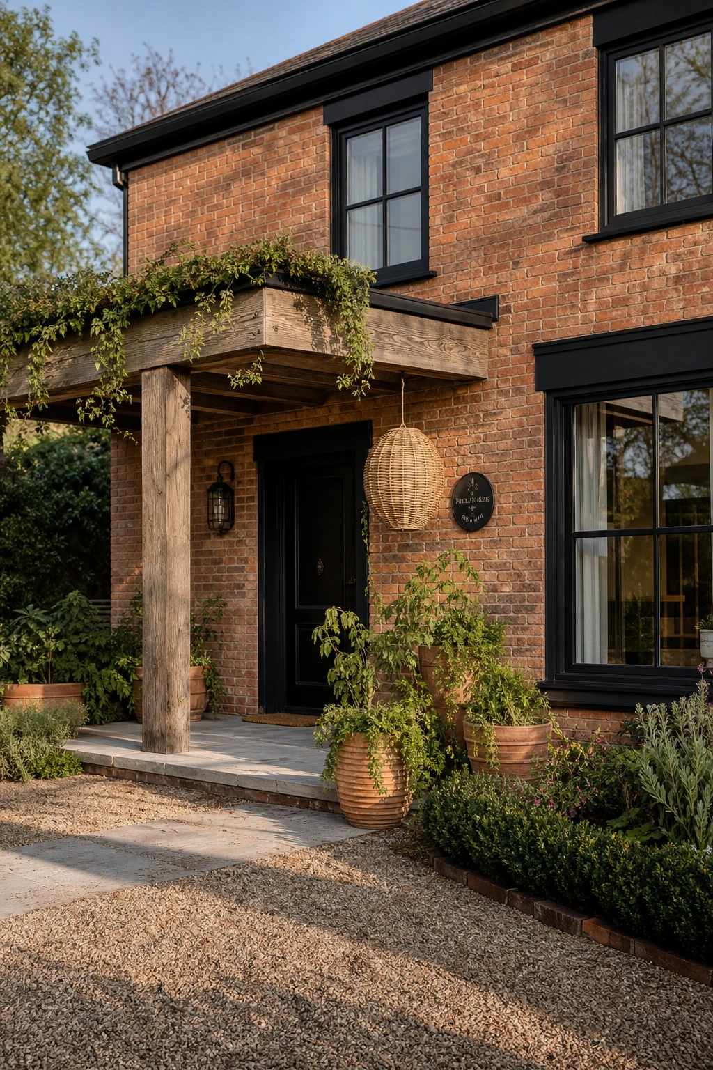 Boho brick house exterior with black trim contrast, Off Black painted fascia and window frames against warm red brick, rattan lanterns and wild climbing plants
