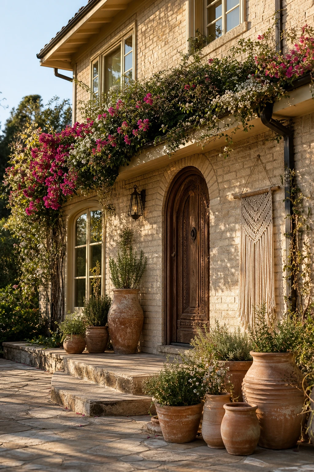 Boho brick house exterior with blond pale brick facade, terracotta pots, woven accents, arched timber door and lush greenery in warm afternoon light