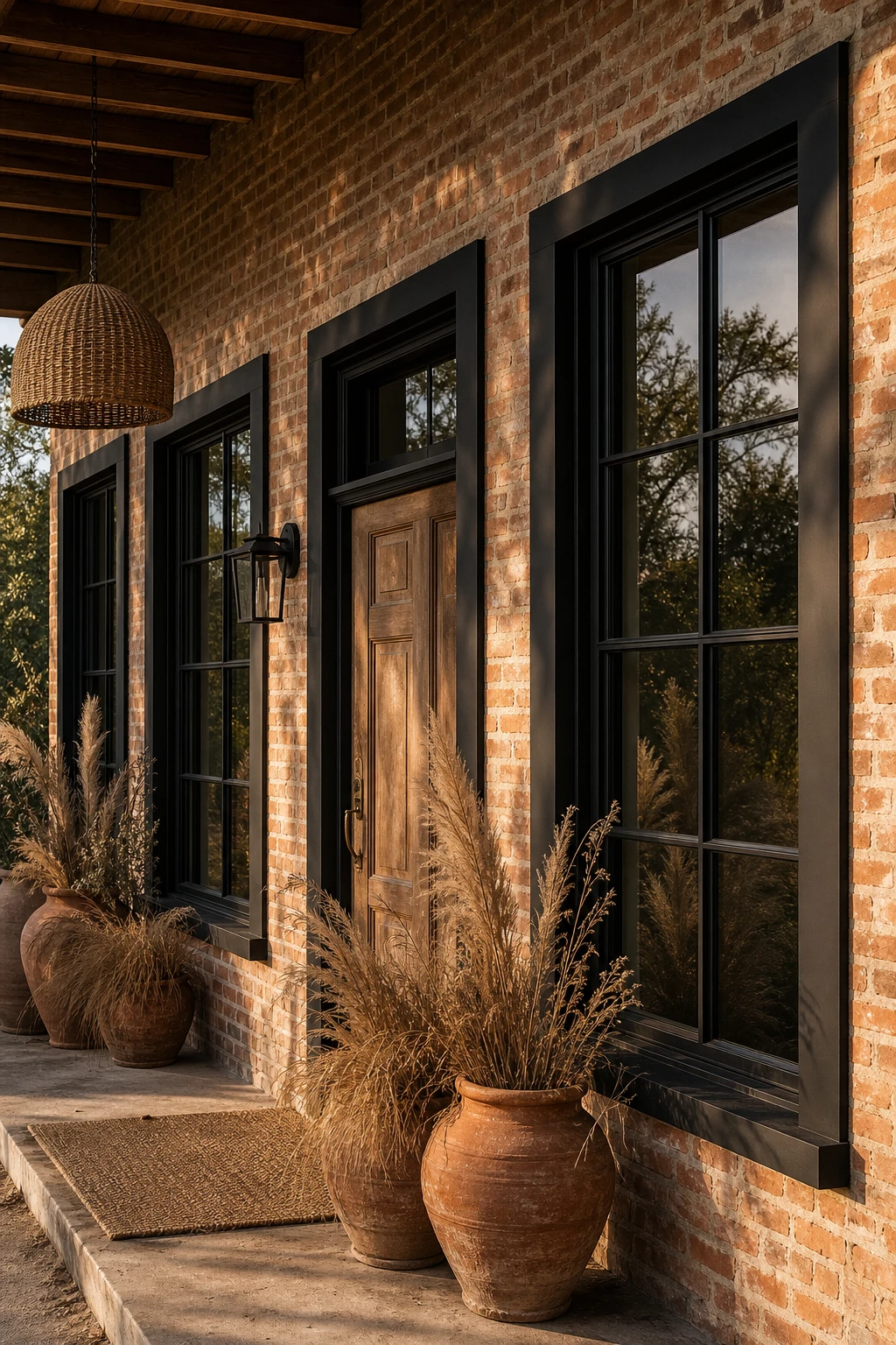 Boho brick house exterior with bold black window frames as the hero detail, warm afternoon light, eclectic planters and natural timber accents