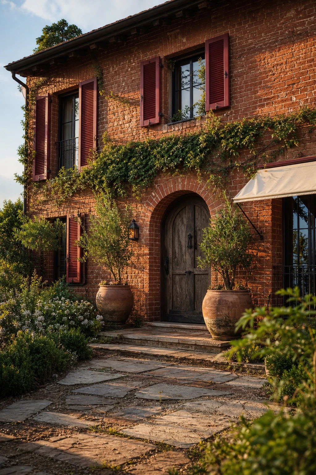 Boho brick house exterior with classic red brick facade, arched front door, climbing vines, terracotta planters and Farrow and Ball Rectory Red painted shutters in warm afternoon light.
