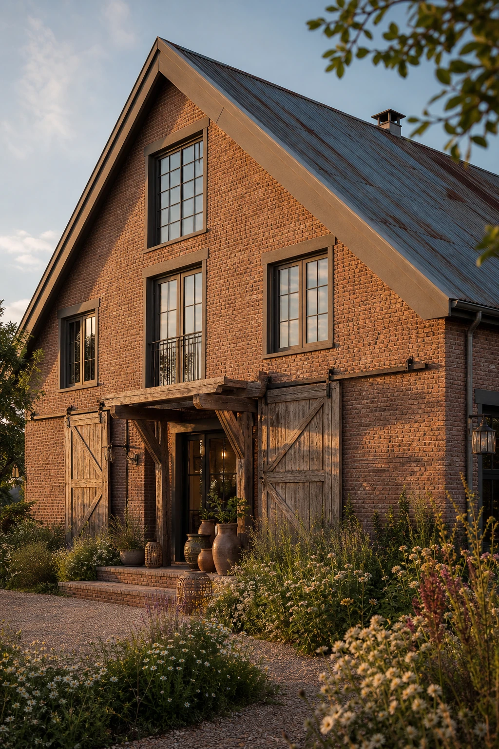 Boho brick house exterior with converted barn form, steep gabled roofline, Farrow & Ball London Clay trim, wildflower garden and reclaimed timber details in warm afternoon light