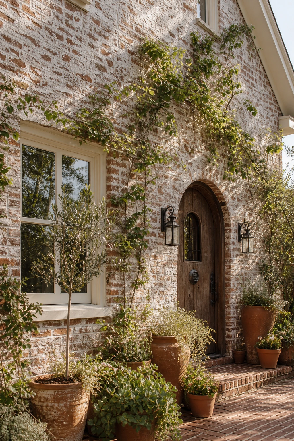 Boho brick house exterior with German schmear mortar finish, warm white trim, arched wooden door, terracotta pots and wild climbing vines in soft afternoon light
