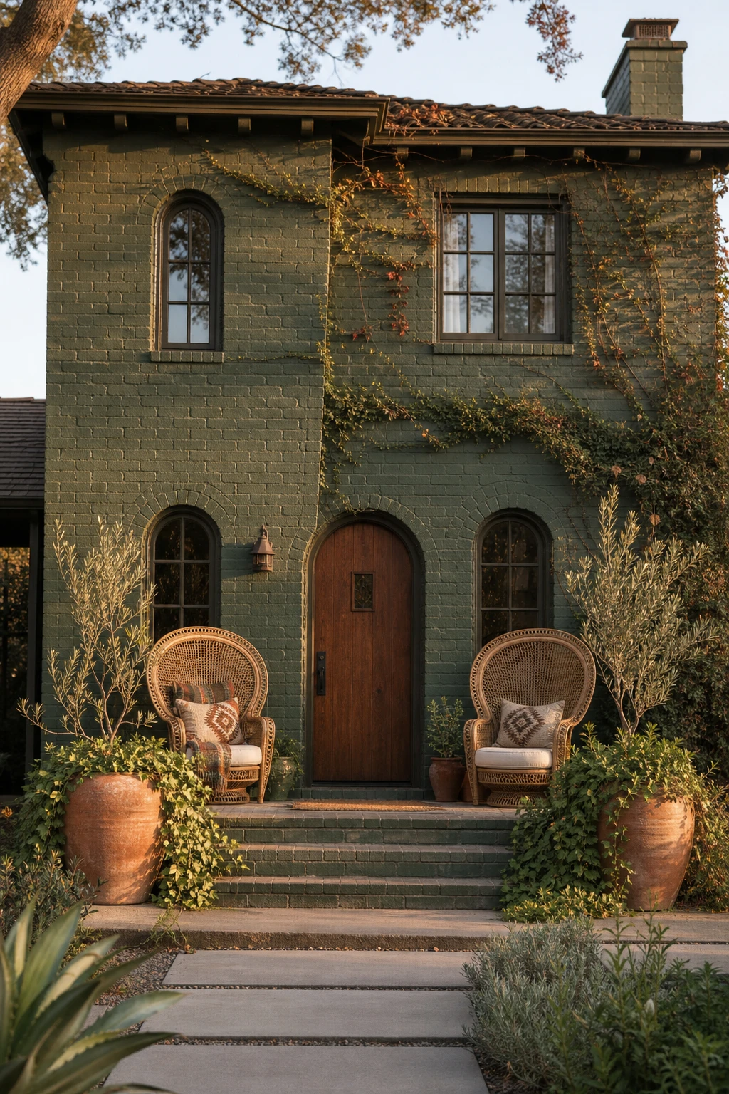 Boho brick house exterior with green painted brick facade, rattan porch furniture, terracotta planters, arched wooden door, and wild climbing vines in warm afternoon light