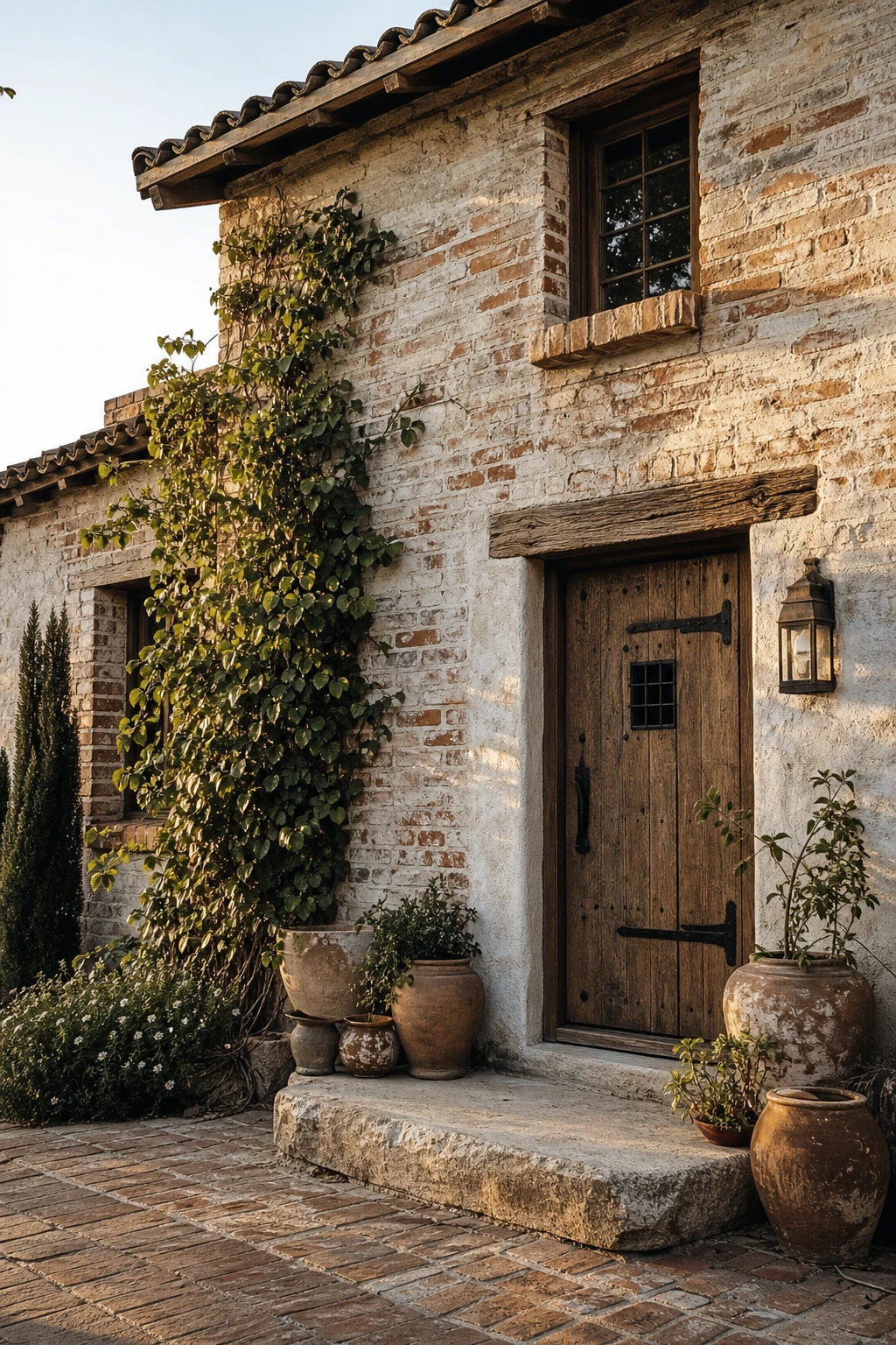 Boho brick house exterior with limewash aged patina finish, warm white tones revealing raw brick beneath, lush greenery and handcrafted details in soft afternoon light