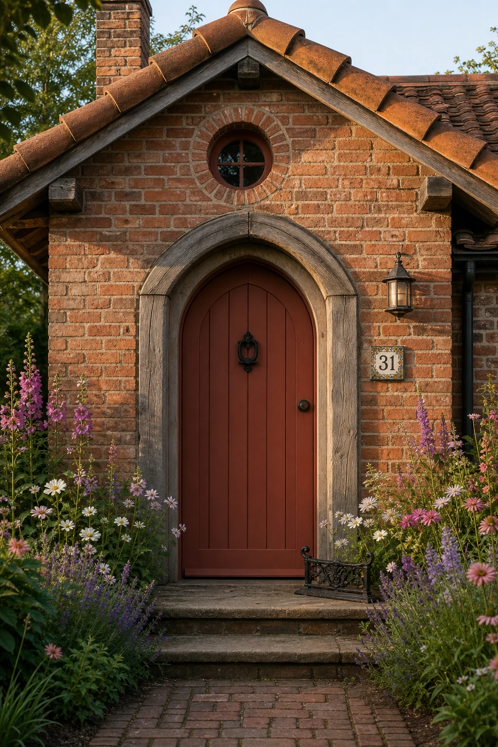 Boho brick house exterior with storybook cottage scale, arched timber door, wildflower border, round window, climbing roses and Farrow and Ball Loggia painted shutters
