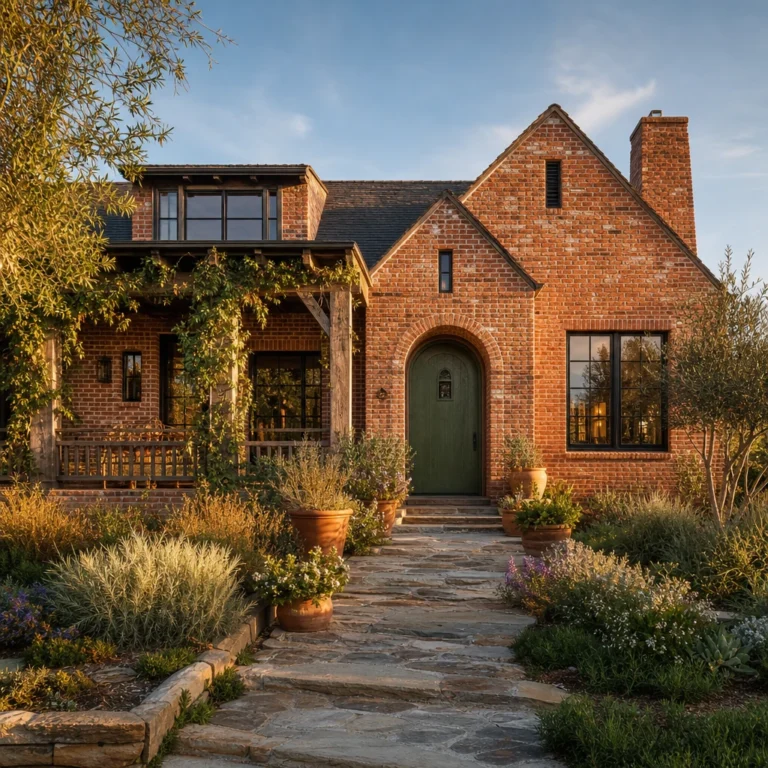 Boho brick house exterior with natural red handmade brick, a sage green arched front door, black steel windows, a timber porch with trailing ivy, and a cottage garden in warm late afternoon light.