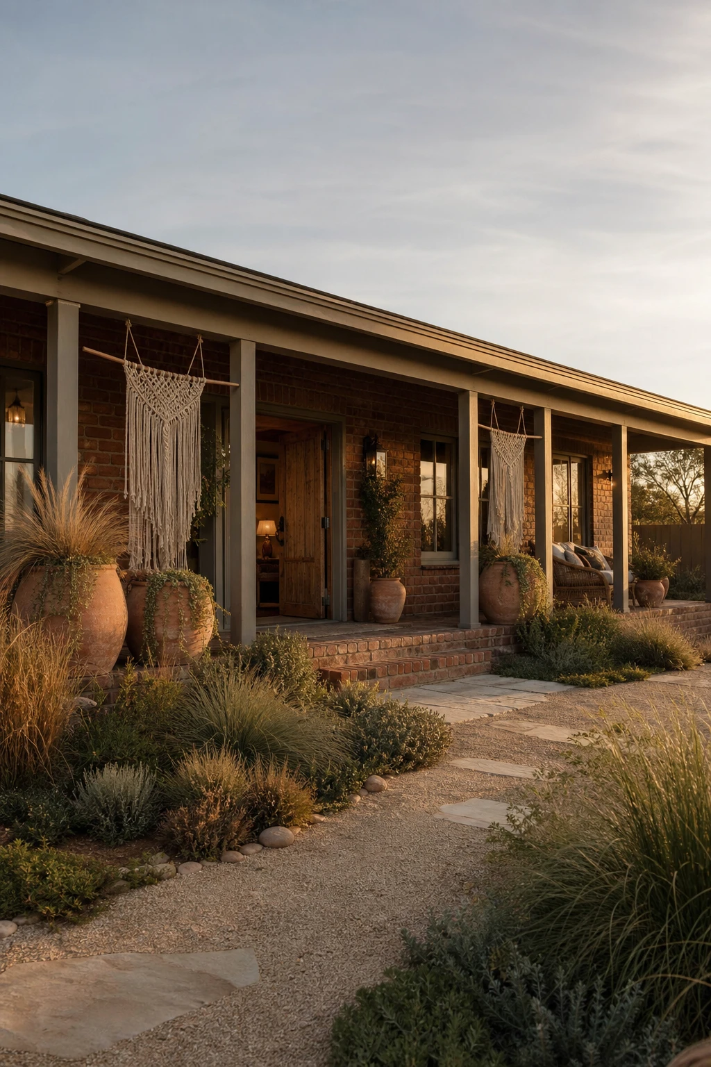 Boho brick ranch house exterior with a long low roofline, Oxford Stone painted trim, wide front porch, rattan accents and lush layered garden planting