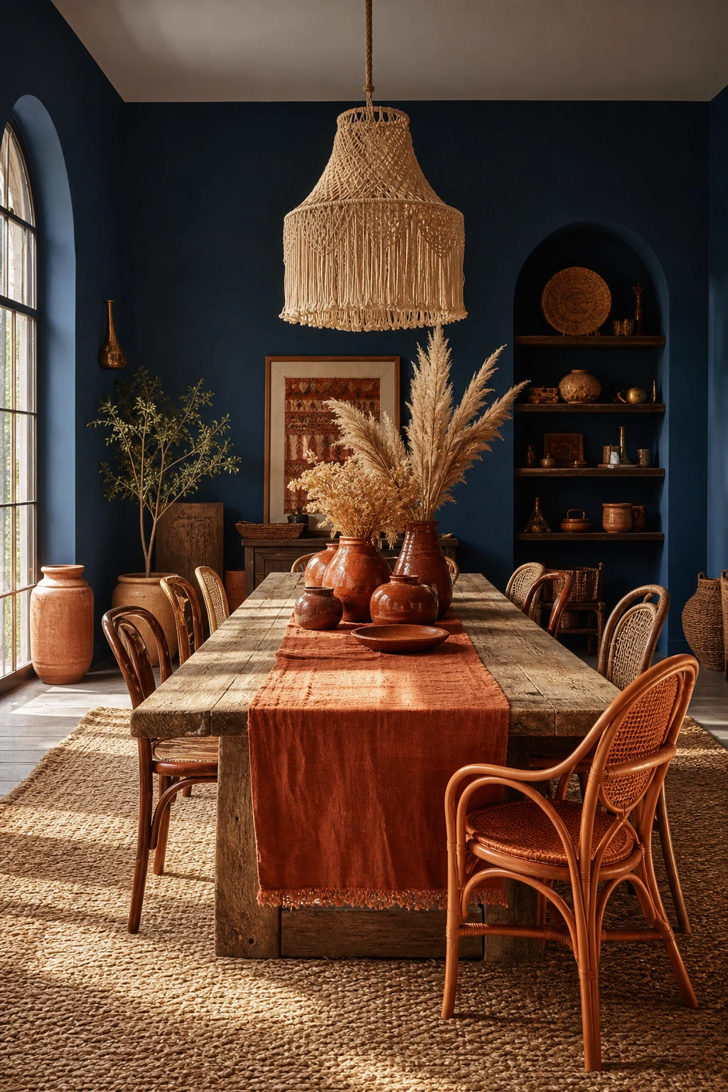Boho dining room with deep blue walls and rust accents, rattan chairs, woven textiles, and warm evening light creating a rich earthy palette
