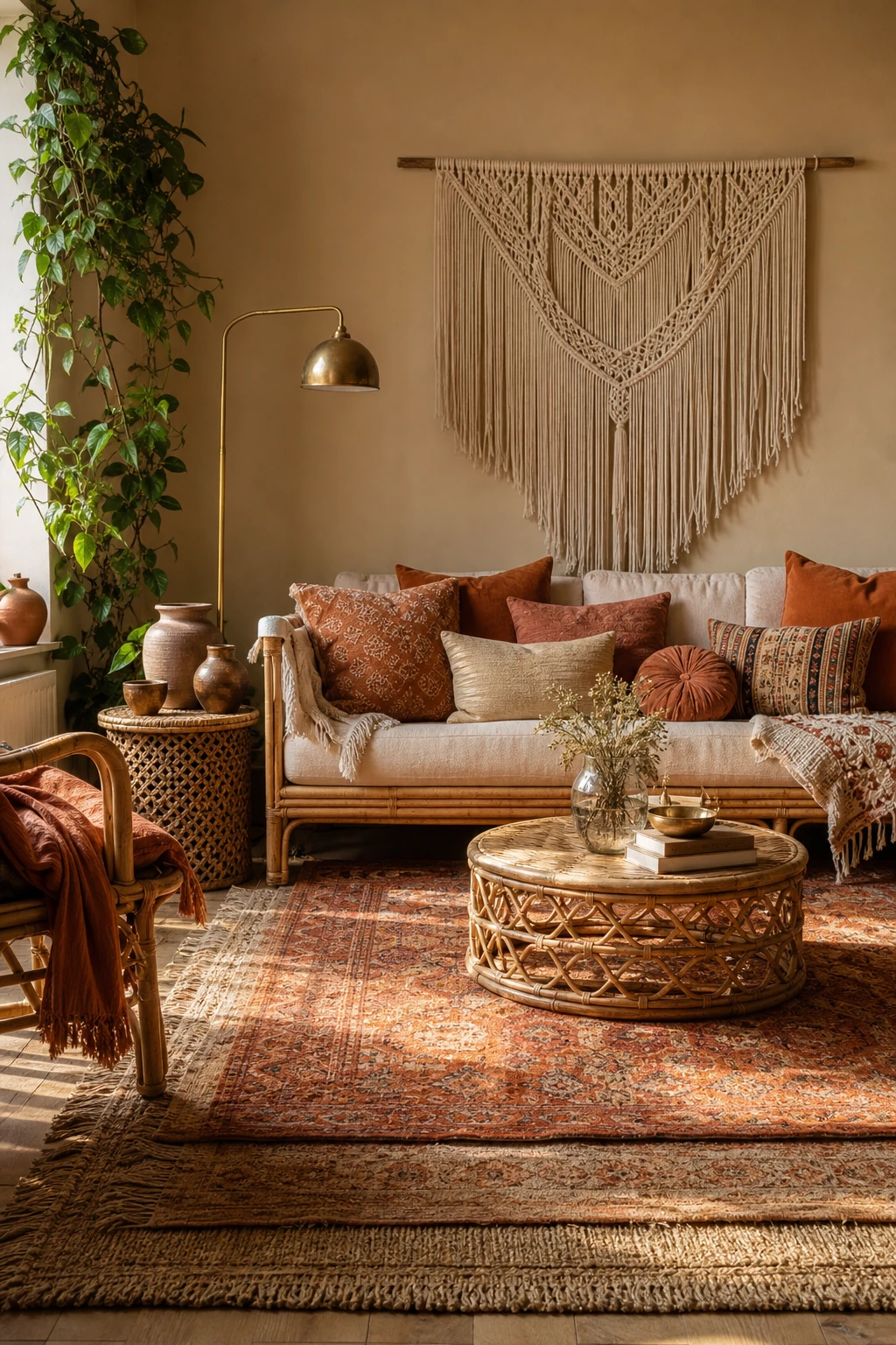 Boho layered brown and orange living room with stacked textiles, rattan furniture, macrame wall art, and Farrow and Ball Naperon painted walls