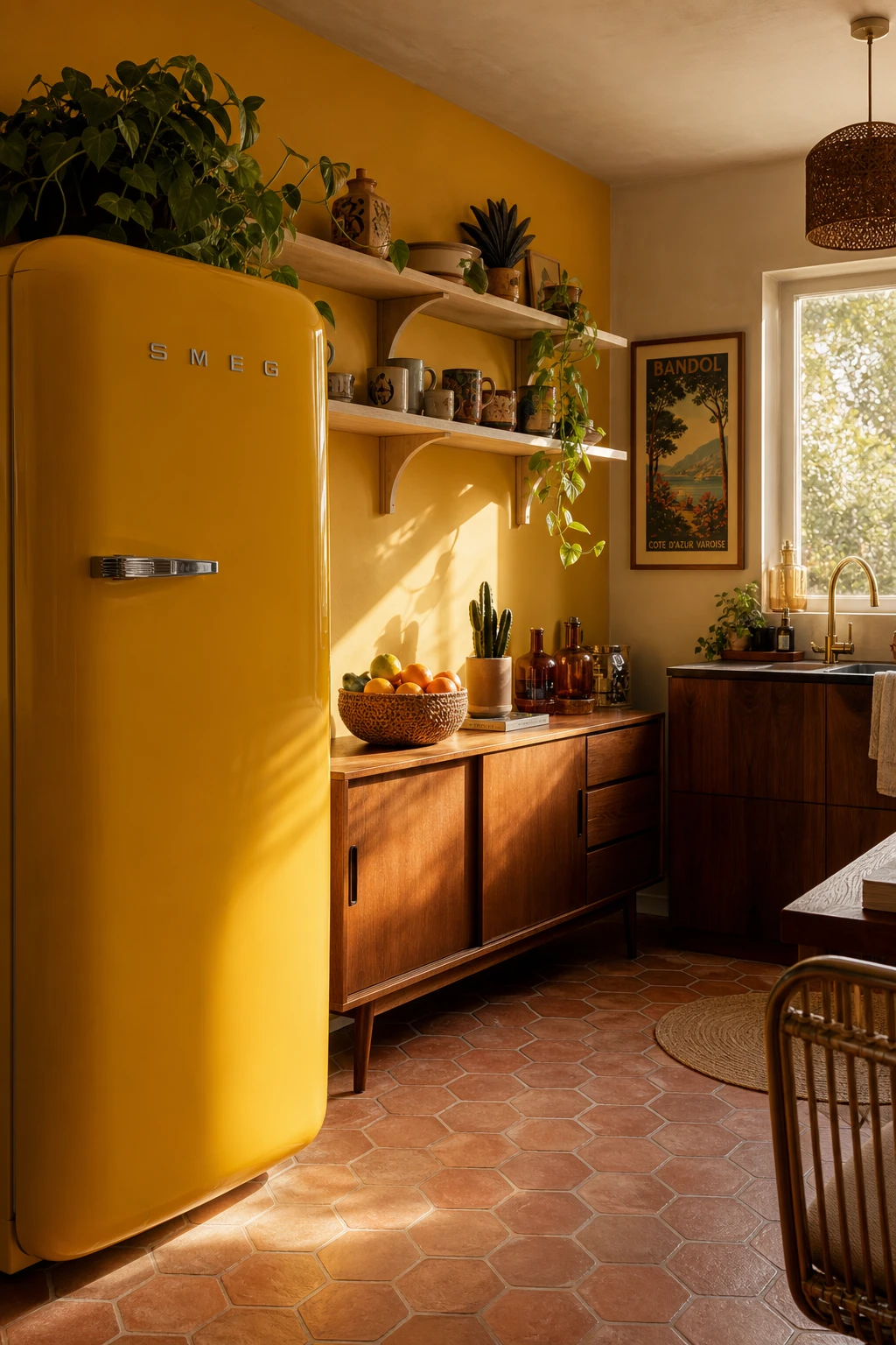 Boho Midcentury Modern Kitchen corner with a yellow retro fridge as the hero, warm afternoon light, India Yellow painted wall, rattan and teak accents
