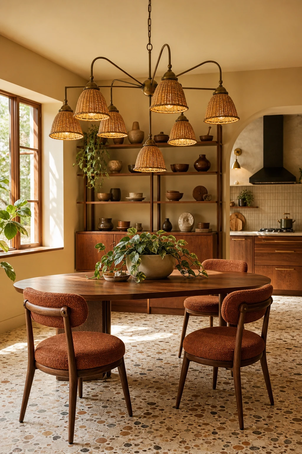 Boho Midcentury Modern Kitchen dining area with a sculptural chandelier pendant over a walnut table, Farrow and Ball Straw walls, rattan chairs, warm afternoon light