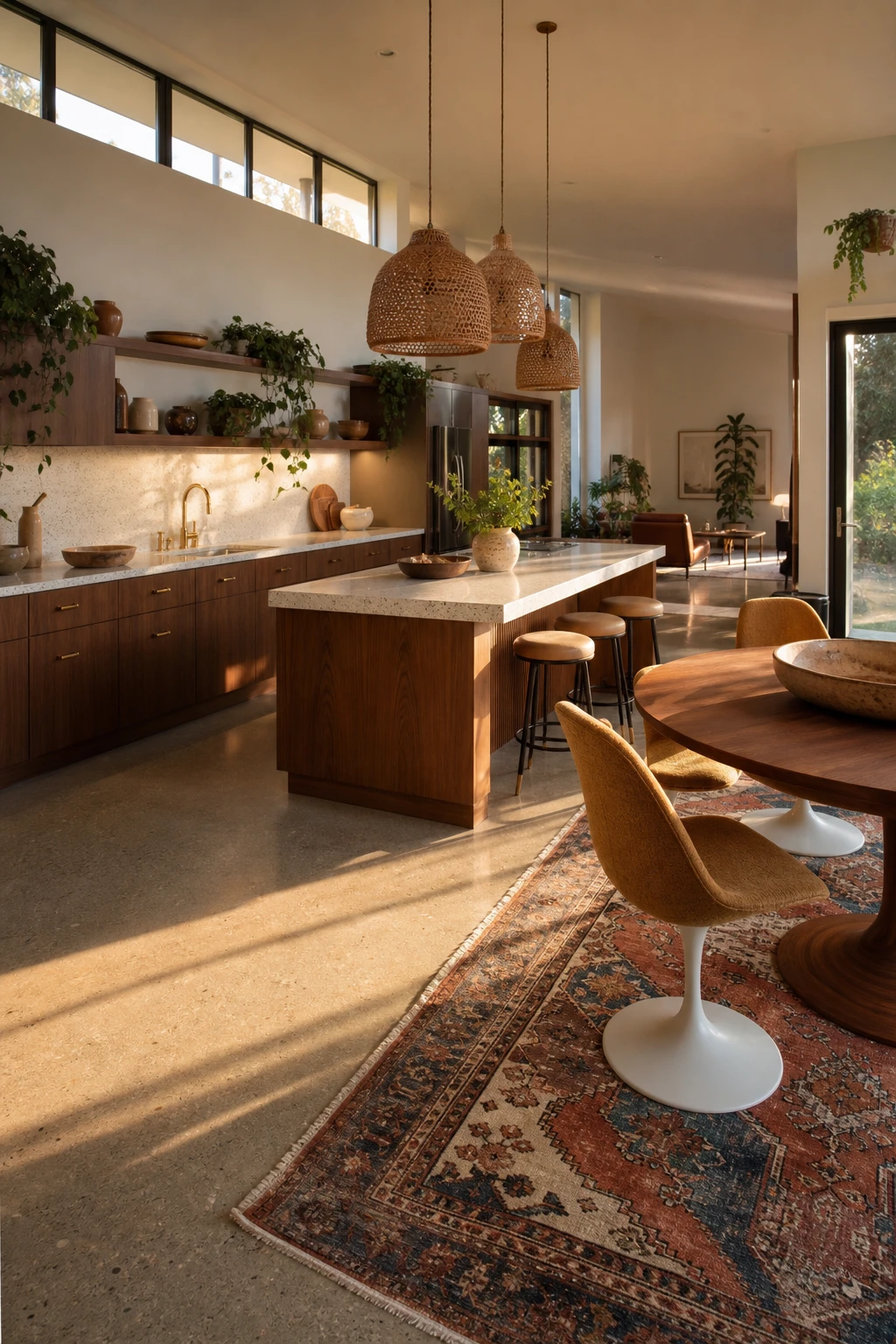 Boho Midcentury Modern kitchen dining space with open plan flow, warm neutral walls, rattan pendants, walnut cabinetry and a distinct dining zone defined by a vintage rug