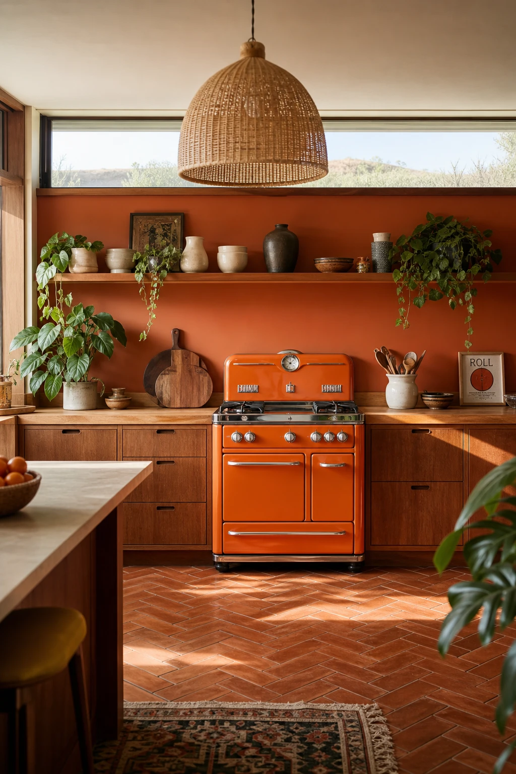 Boho midcentury modern kitchen featuring a vintage orange gas stove as the hero, with walnut cabinetry, rattan pendant lights, and terracotta tile floor