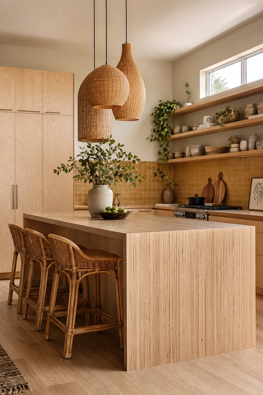 Boho Midcentury Modern Kitchen featuring plywood cabinetry and open shelving with warm natural grain, rattan accents, and Farrow & Ball Matchstick walls