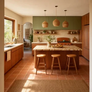Boho Midcentury Modern Kitchen with sage green and walnut cabinets, fluted wood island, terracotta tile floor, mosaic countertop, and rattan pendants in warm morning light.