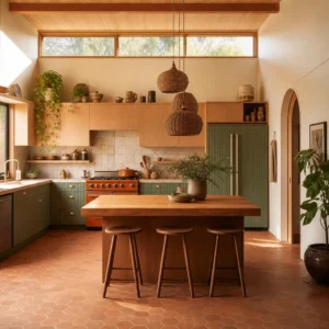 Boho Midcentury Modern Kitchen with fluted sage green cabinets, a wood butcher block island, terracotta hex tile floor, a vintage orange gas stove, and rattan pendants in warm morning light.