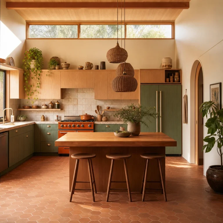 Boho Midcentury Modern Kitchen with fluted sage green cabinets, a wood butcher block island, terracotta hex tile floor, a vintage orange gas stove, and rattan pendants in warm morning light.
