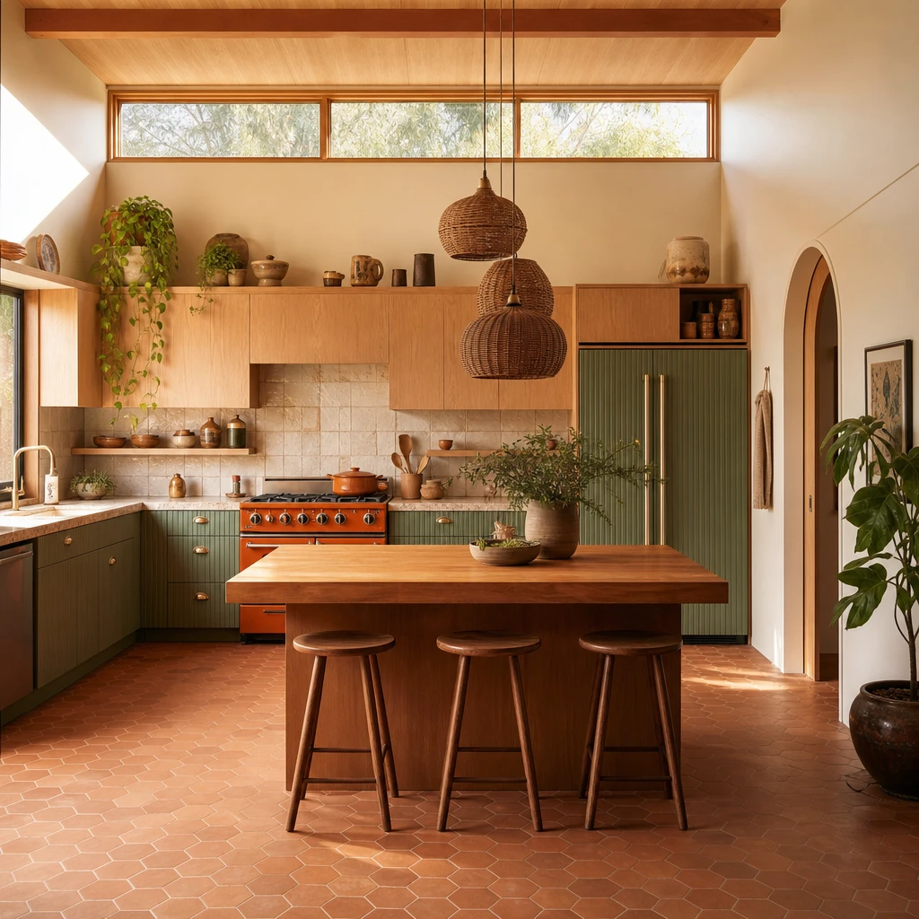 Boho Midcentury Modern Kitchen with fluted sage green cabinets, a wood butcher block island, terracotta hex tile floor, a vintage orange gas stove, and rattan pendants in warm morning light.
