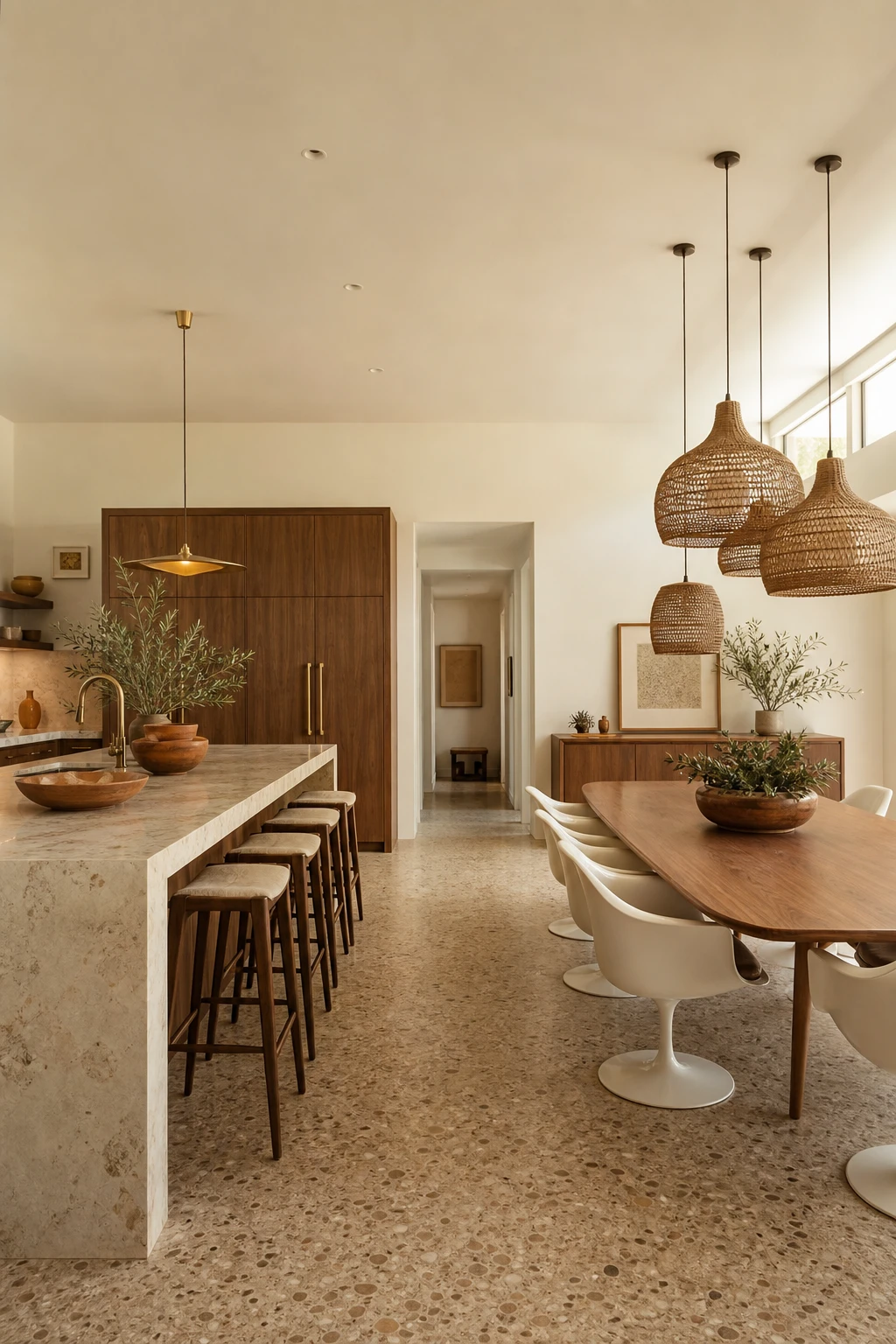 Boho Midcentury Modern Kitchen open plan layout flowing into dining zone with warm neutral walls, rattan pendants, and terrazzo flooring in natural light