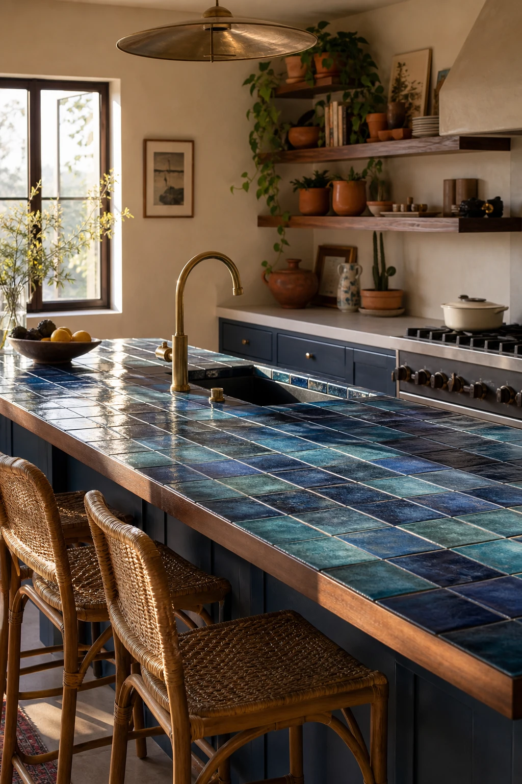Boho Midcentury Modern Kitchen with a blue tile countertop as the hero feature, warm rattan stools, open shelving, and brass fixtures in soft natural light