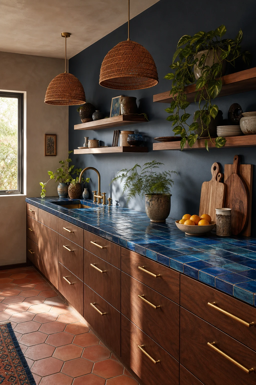 Boho Midcentury Modern Kitchen with a blue tile countertop as the hero, warm wood cabinets, rattan pendants, terracotta floor tiles, and Cook's Blue painted walls