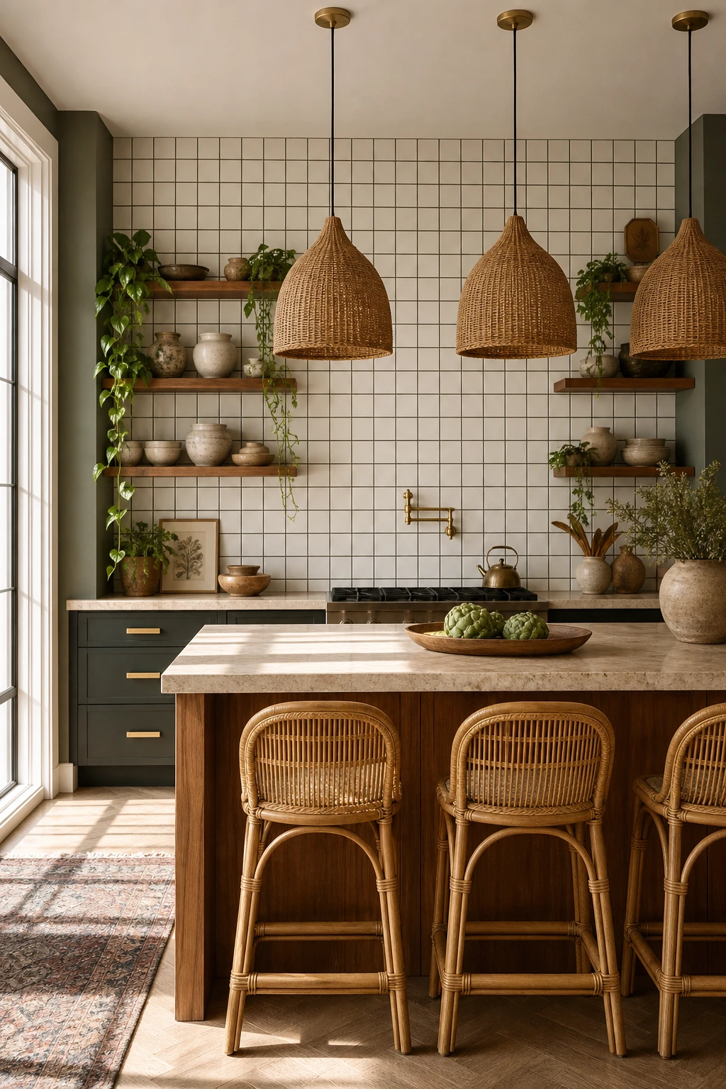 Boho Midcentury Modern Kitchen with a geometric tile grid backsplash as hero, warm rattan stools, open shelving with layered ceramics, and Farrow & Ball Cord painted walls