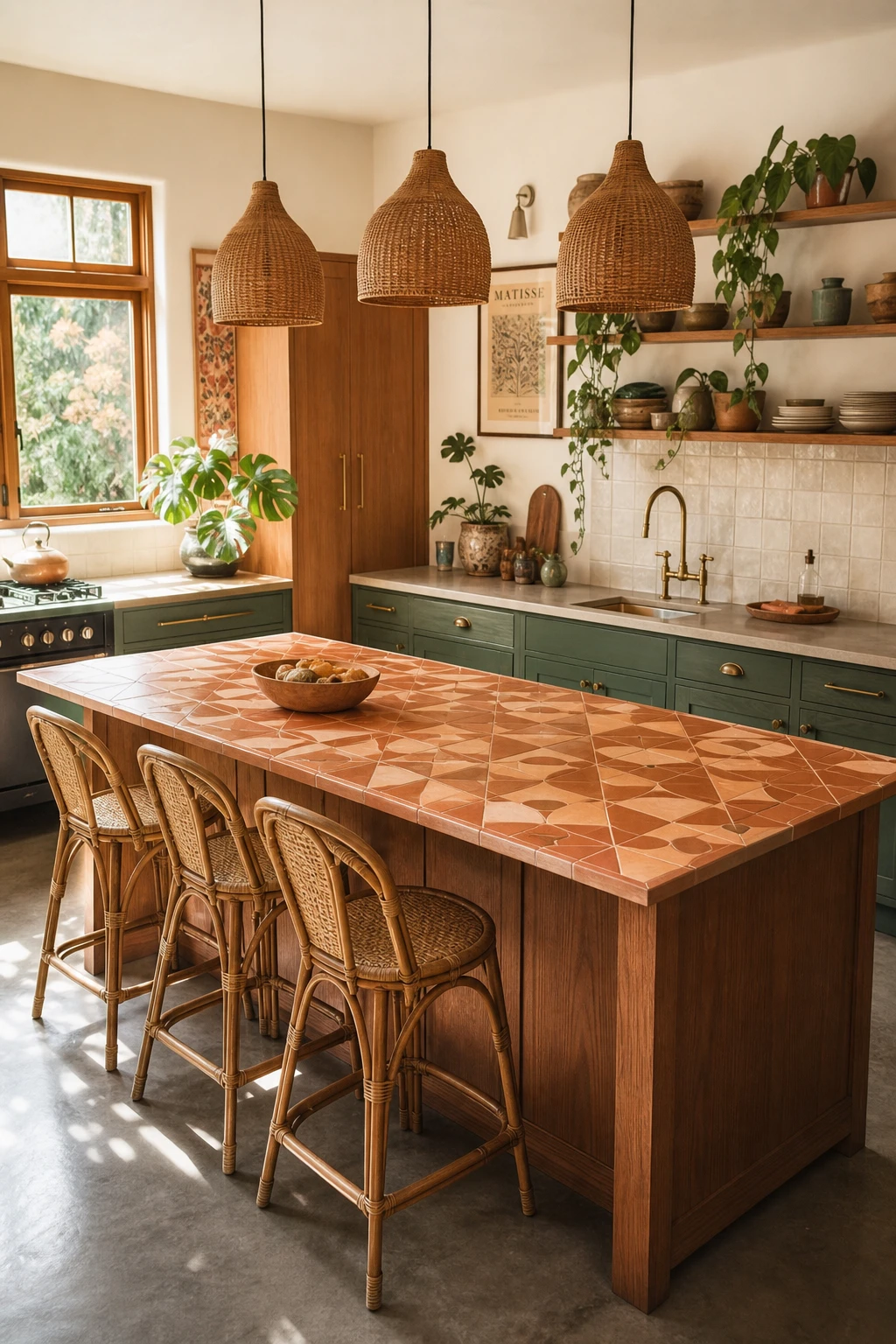Boho Midcentury Modern Kitchen with a handmade tiled island top as the hero, warm earth tones and rattan stools, magazine quality interior photography