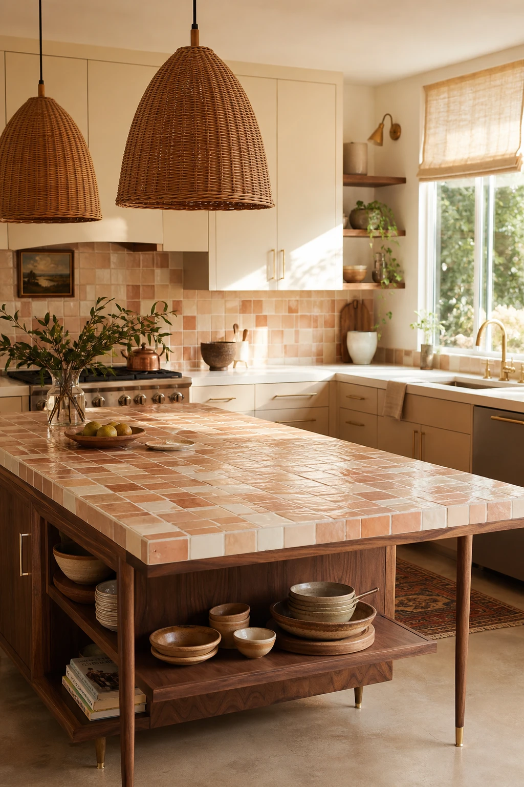 Boho Midcentury Modern Kitchen with a handmade tiled island top as the hero, warm natural light, rattan pendants, and Farrow & Ball Bisque painted cabinetry