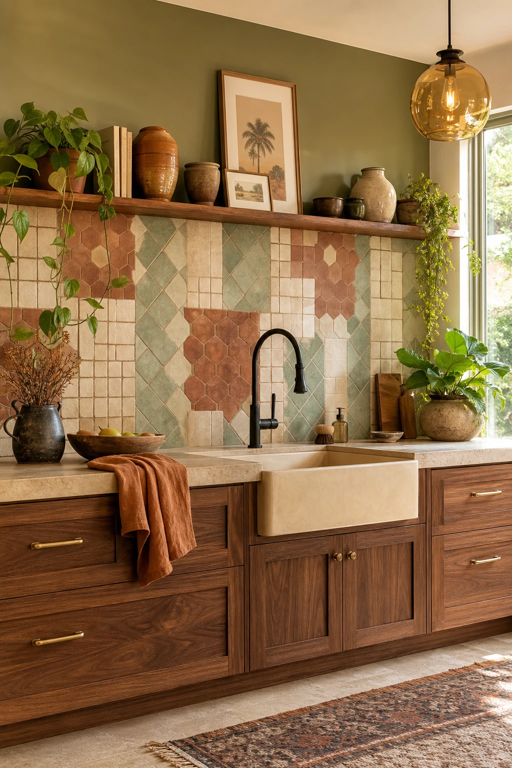 Boho Midcentury Modern Kitchen with a mixed tile bohemian backsplash in warm terracotta and cream, natural wood cabinets, and Farrow & Ball Orangery painted walls