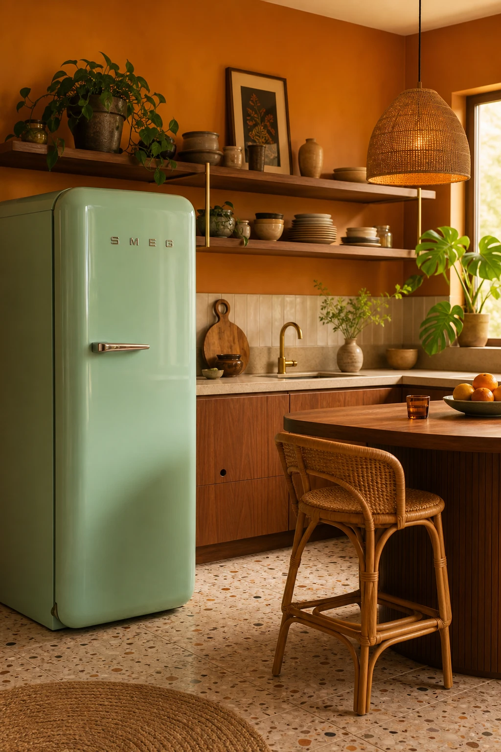 Boho midcentury modern kitchen with a pastel retro fridge as hero, warm rattan stools, open shelving with ceramics, and Farrow & Ball Marmelo painted walls