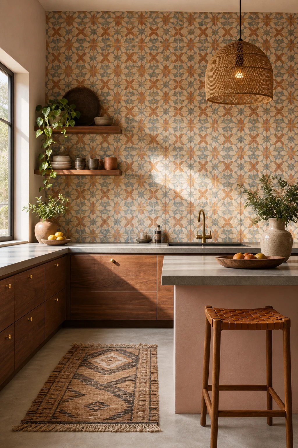 Boho midcentury modern kitchen with a patterned tile backsplash as the hero, warm earth tones, open shelving, and rattan accents in natural light
