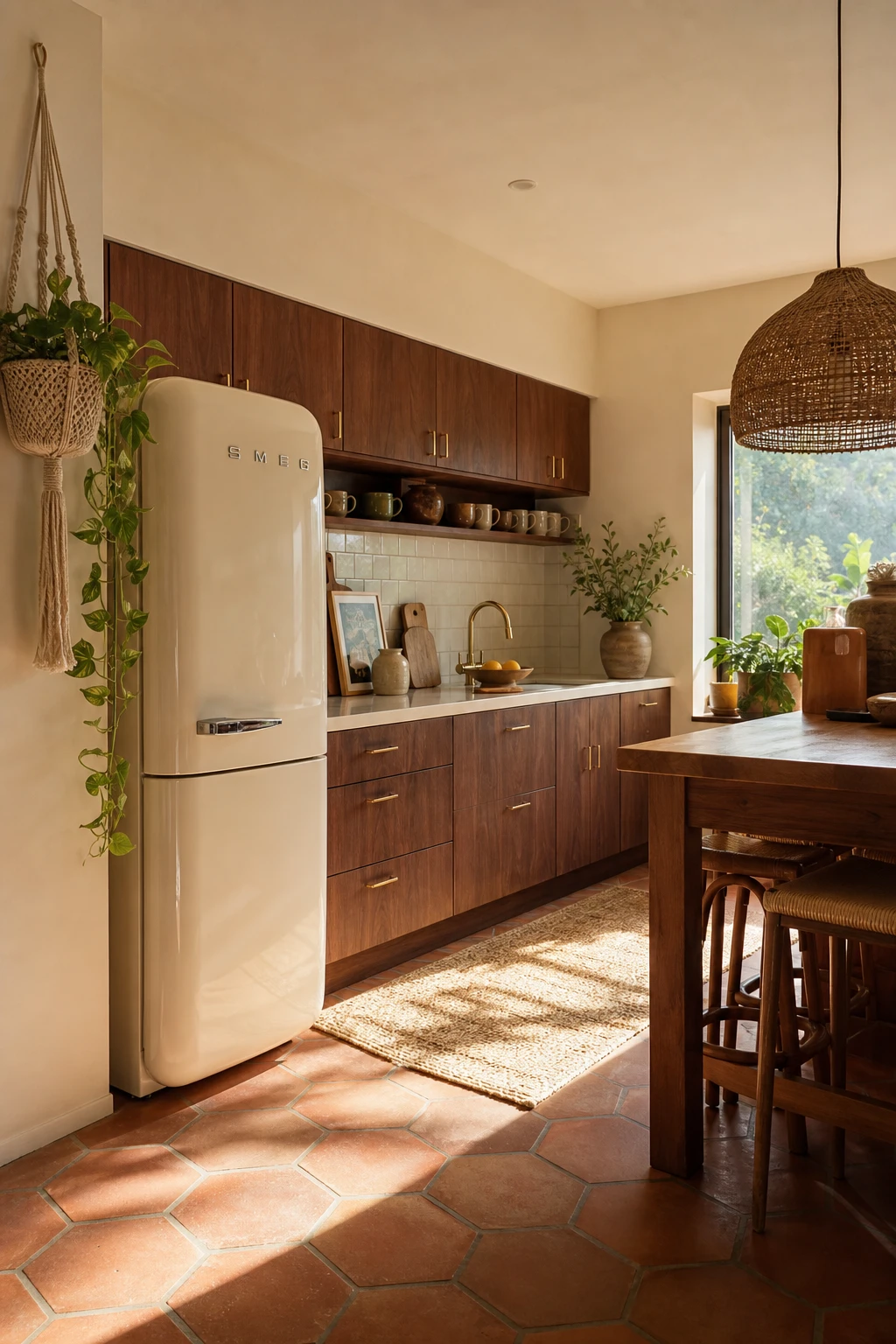 Boho Midcentury Modern Kitchen with a retro fridge as the hero, warm rattan accents, terracotta tiles, and Farrow and Ball Bisque painted walls