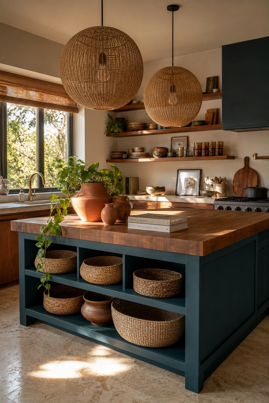 Boho Midcentury Modern Kitchen with a teal Vardo painted island as the hero, rattan pendants, terracotta vessels and warm wood open shelving above.