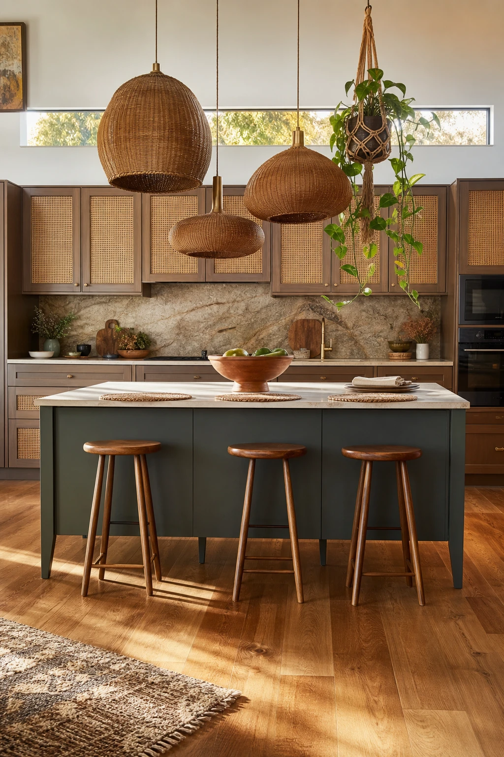 Boho Midcentury Modern Kitchen with a teal Vardo painted island as the hero, rattan pendants, terracotta vessels, cane detail cabinetry and warm oak floors