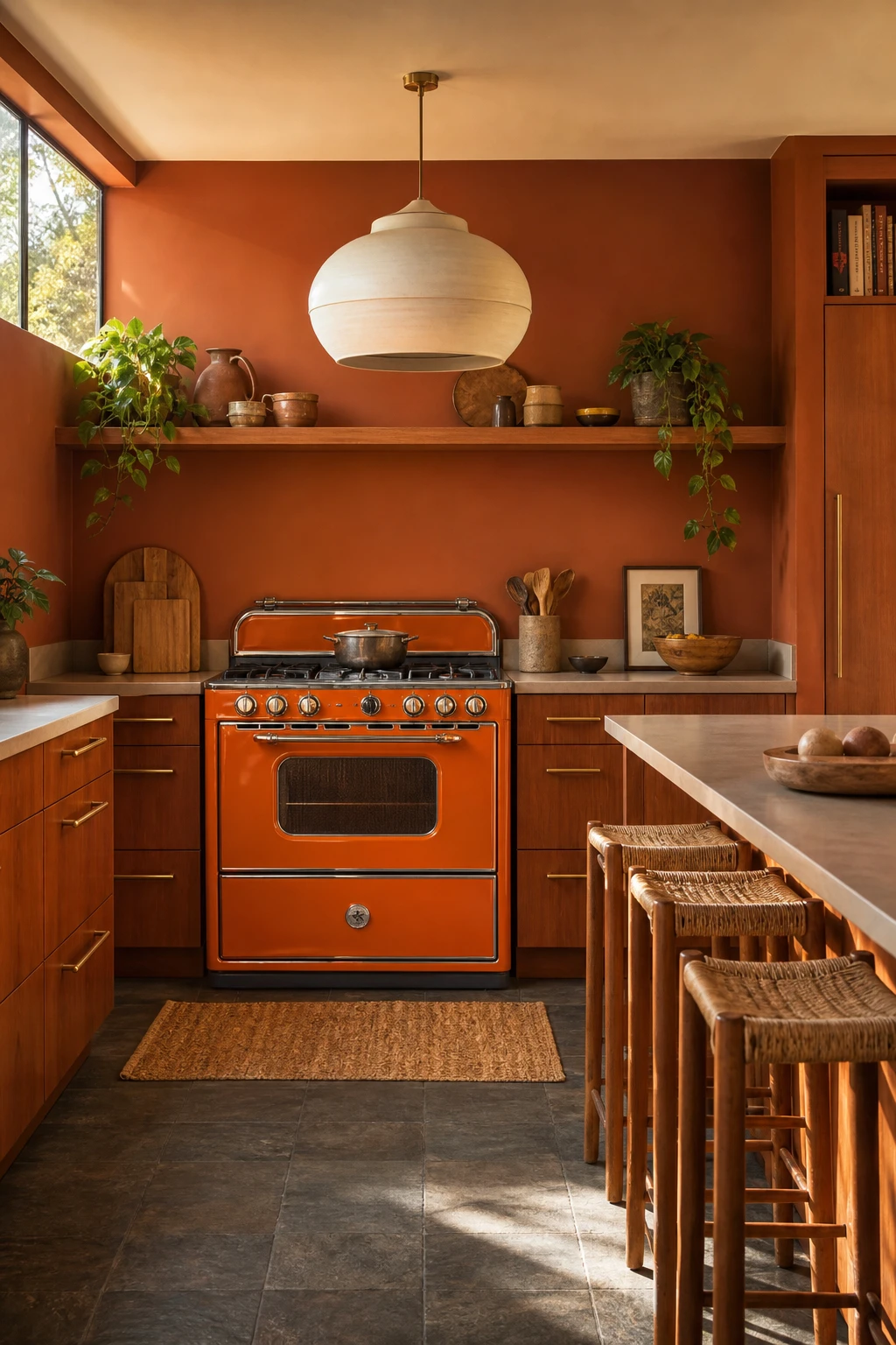 Boho midcentury modern kitchen with a vintage orange gas range as the hero, surrounded by warm wood cabinets, rattan stools, and Charlottes Locks painted walls