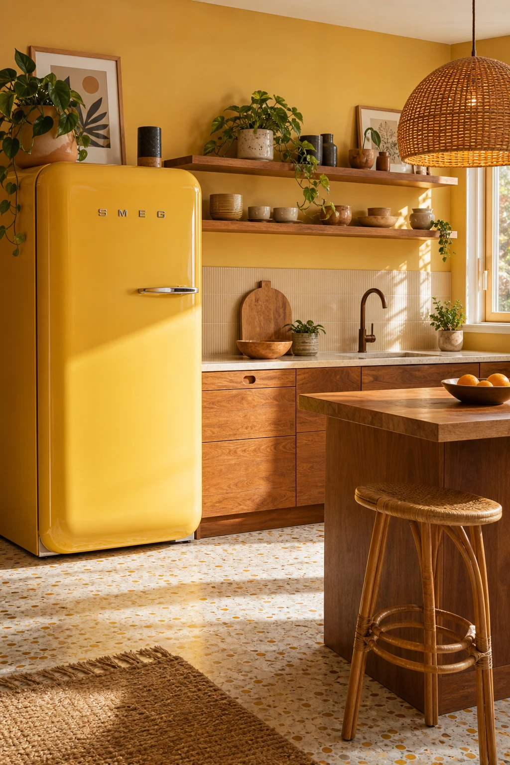 Boho Midcentury Modern Kitchen with a yellow retro fridge as the focal point, warm rattan accents, terrazzo floor, and Farrow and Ball India Yellow painted wall