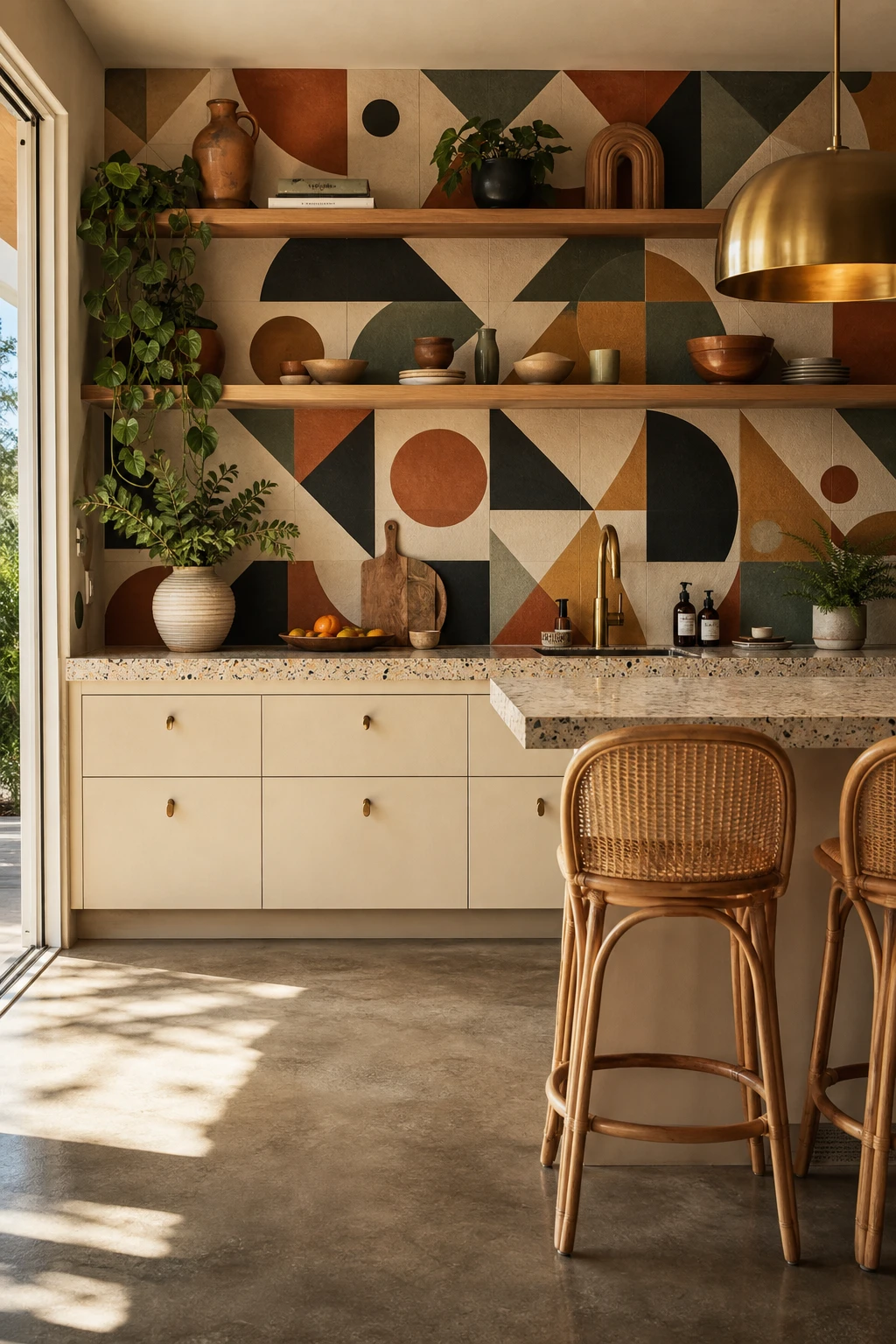 Boho Midcentury Modern Kitchen with bold geometric pattern tiles as the hero feature, warm white cabinetry, rattan barstools, and terrazzo countertops in natural light