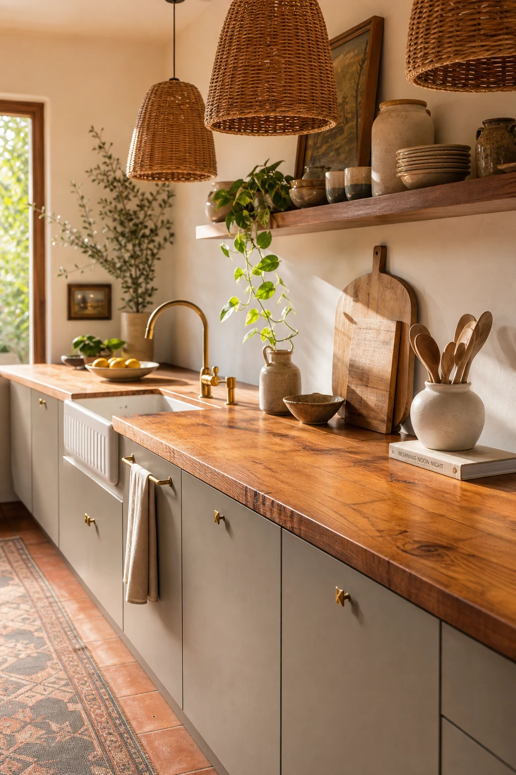 Boho midcentury modern kitchen with butcher block wood countertops as the hero, flat front cabinets in Farrow and Ball London Clay, rattan pendants, and warm afternoon light