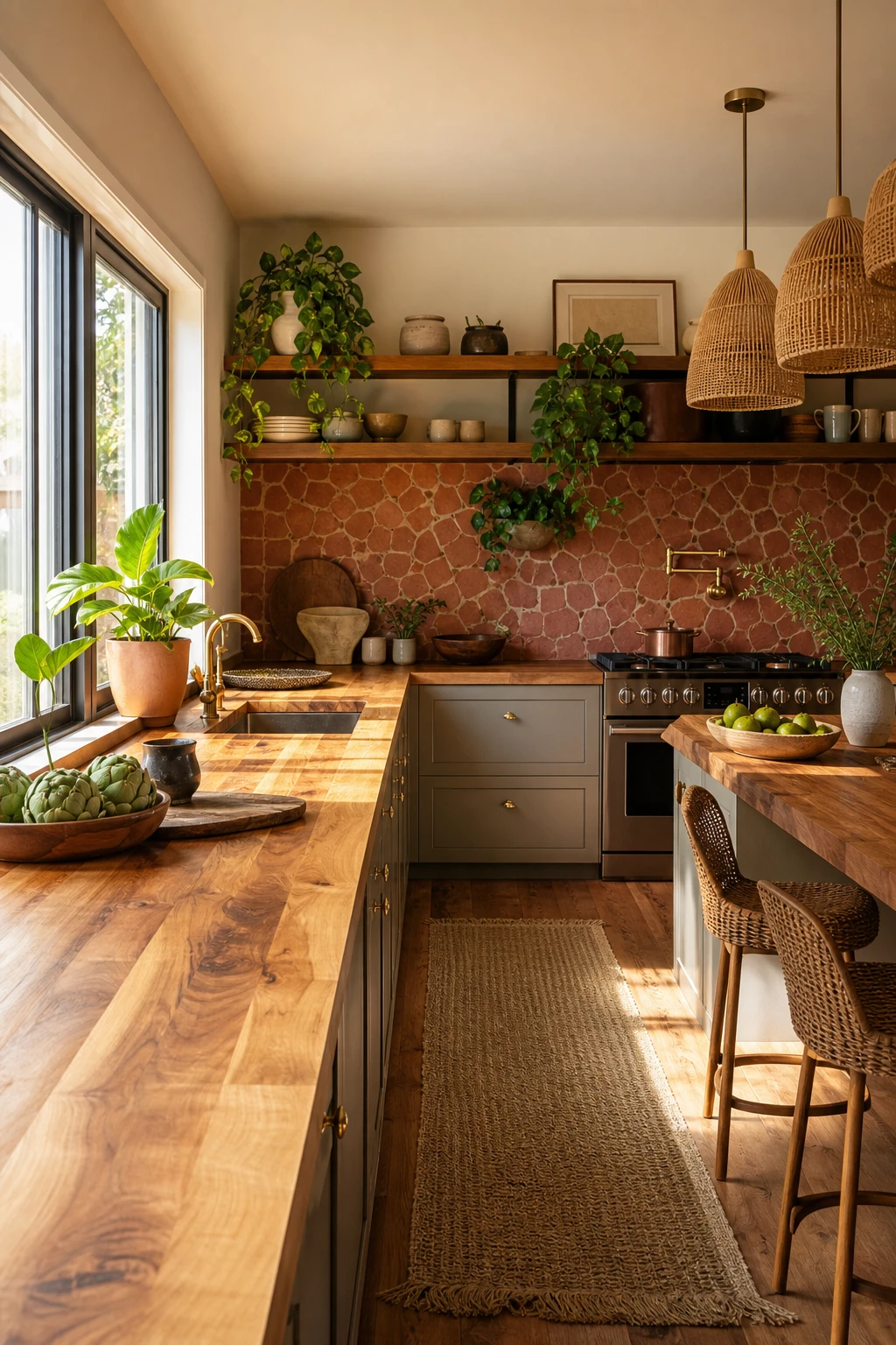 Boho Midcentury Modern Kitchen with butcher block wood countertops as the hero, warm Oxford Stone walls, open shelving, pendant lighting, and woven textures